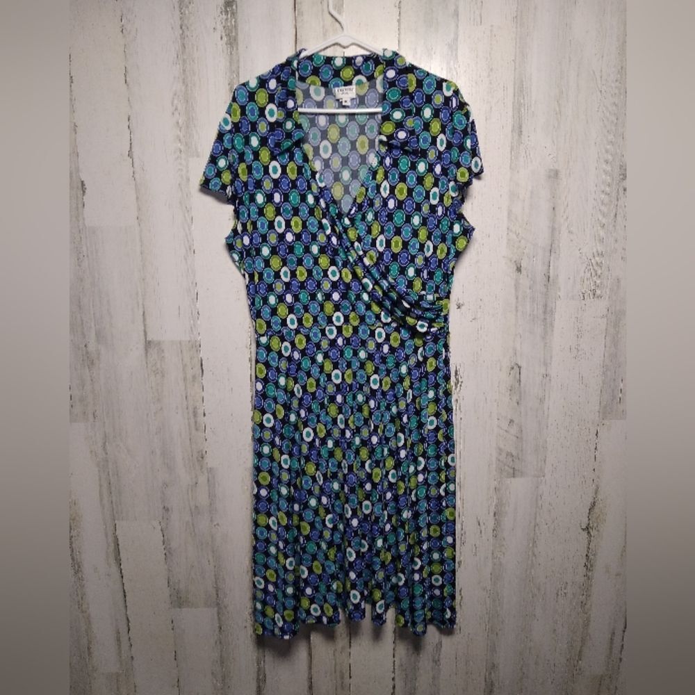 Vintage Dorby Faux Wrap Blue Green Polka Dot Dress Size 18